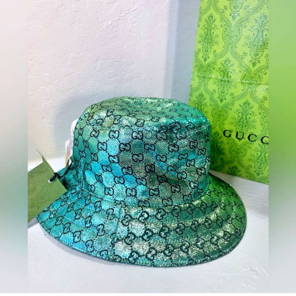 NWT Gucci Metallic Reversable Iridescent Green GG Bucket Hat Size Large - Picture 3 of 12